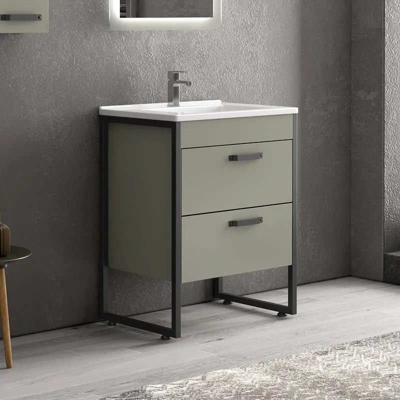 Composizione bagno a terra 65cm: mobile con lavabo, specchio led e pensile IKOS-65 - KAMALU