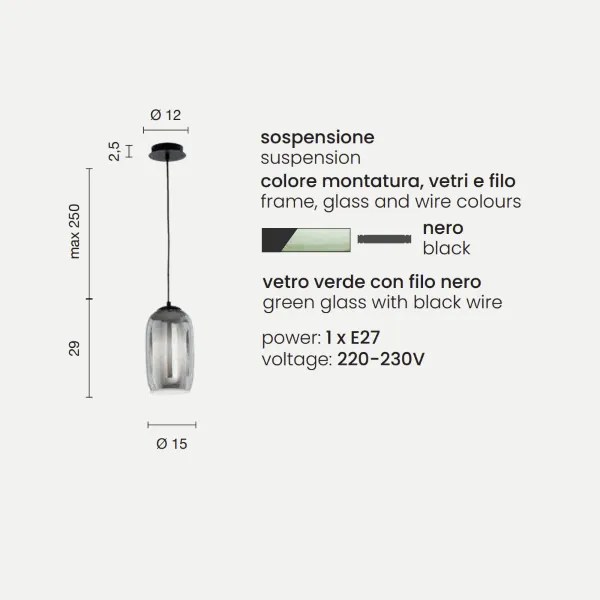 Lampada sospensione D15 cm - vetro soffiato Verde BONNIE MOD3