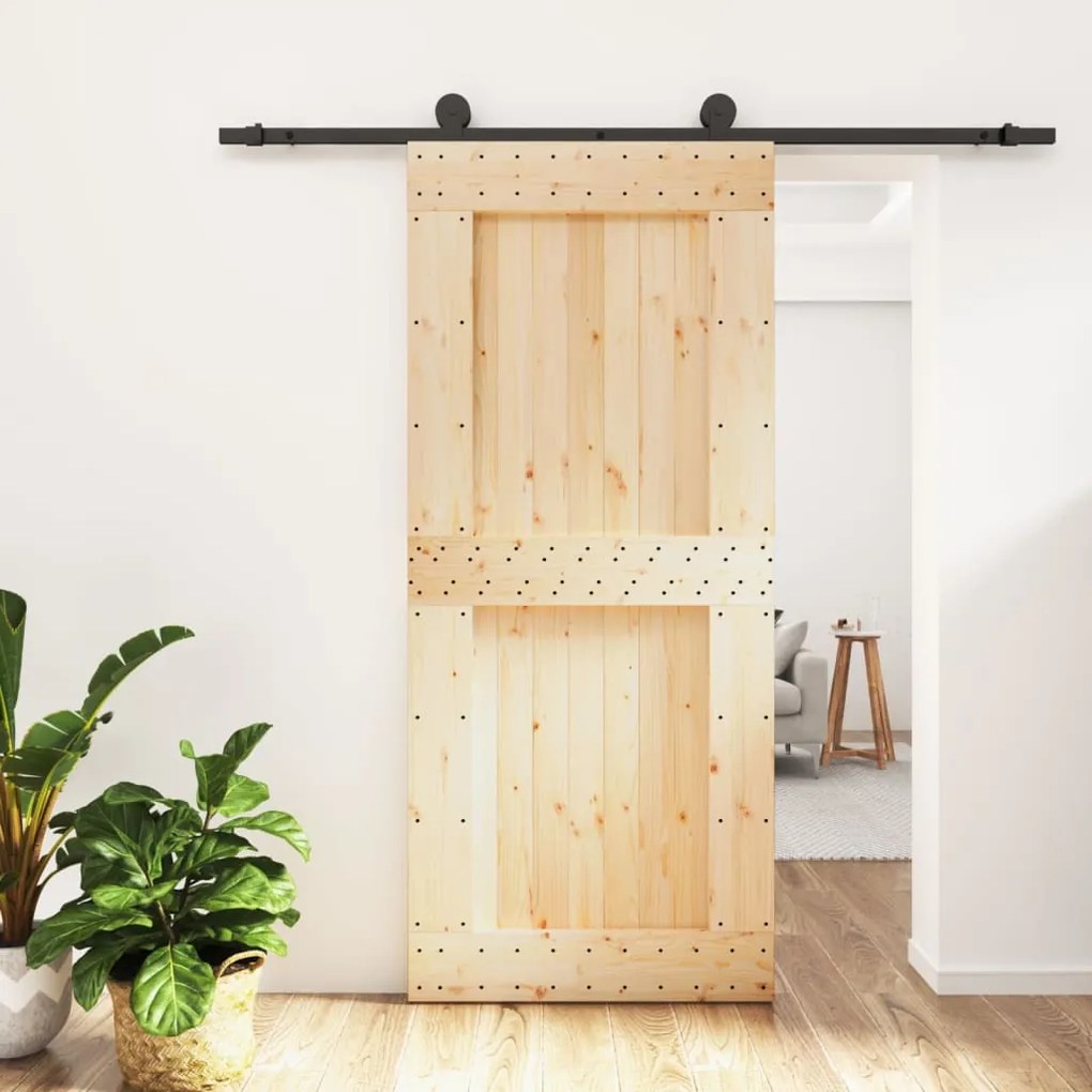 Porta Scorrevole Con Set Hardware 90x210 Cm Legno Massello Pino /