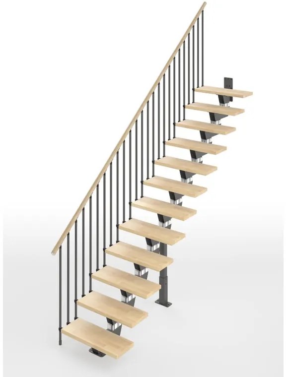 Scala a rampa dritta Vida IRIS, larghezza 60 cm, struttura in acciaio grigio antracite, gradini in legno faggio, colore faggio