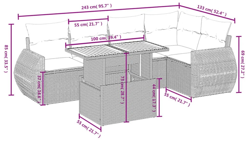 Set divano da giardino 6 pz con cuscini nero in polyrattan