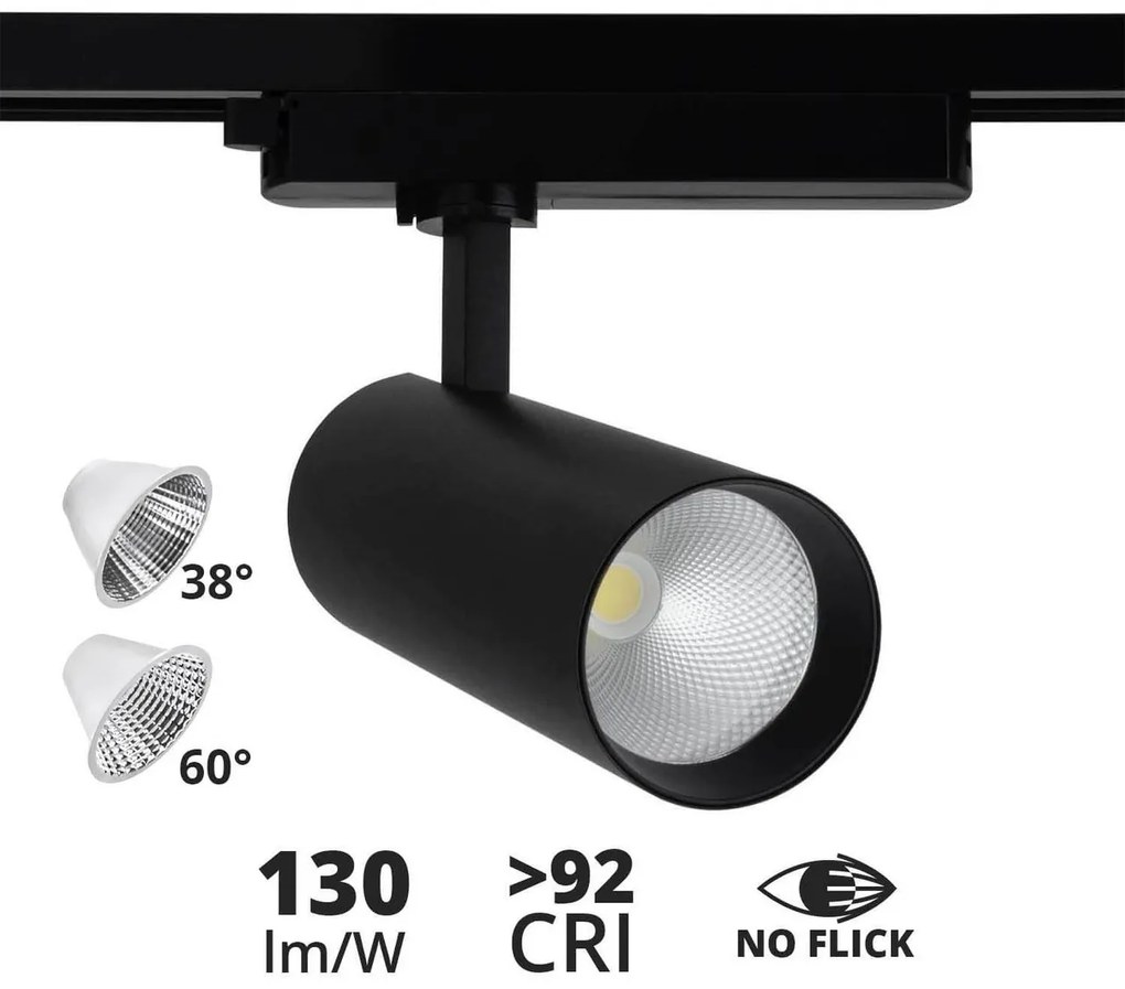 Faro LED 30W Monofase Nero 38°/60° 130lm/W CRI92 no Flickering Colore Bianco Naturale 4.000K