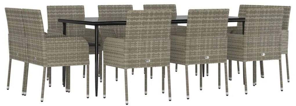 Set mobili giardino 11 pz con cuscini polyrattan nero e grigio