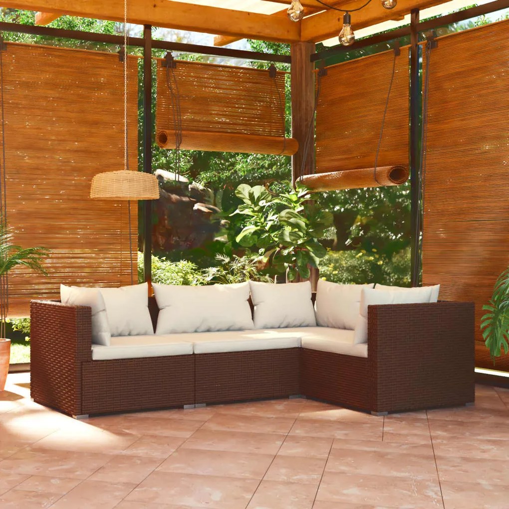 Set divani da giardino 4 pz con cuscini in polyrattan marrone