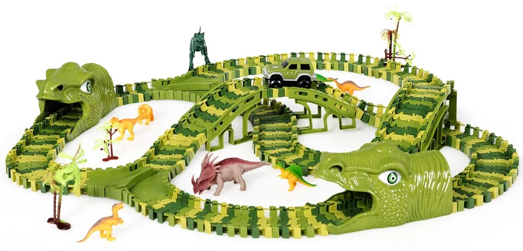 Costway Pista dinosauro per macchinine con 261 pezzi, Pista con dinosauri realistici ponti tunnel