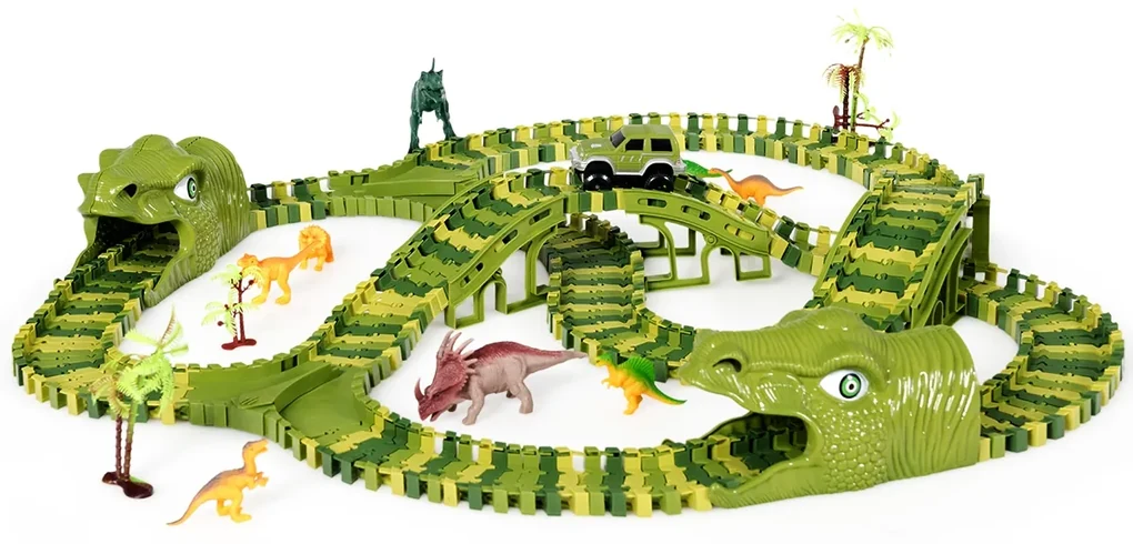Set Pista Da Corsa Dinosauro – 281 Pezzi Con 2 Auto A Batteria, 4 Dinosauri, Tunnel, Ponte E Binari Flessibili, Regalo 3-6 Anni