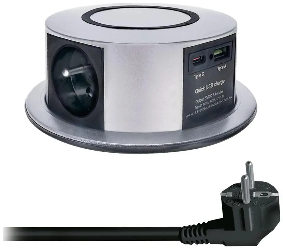 Solight PP120CW-PD20- Colonna per tavolo con Qi 3x230V+1xUSB-A+1xUSB-C