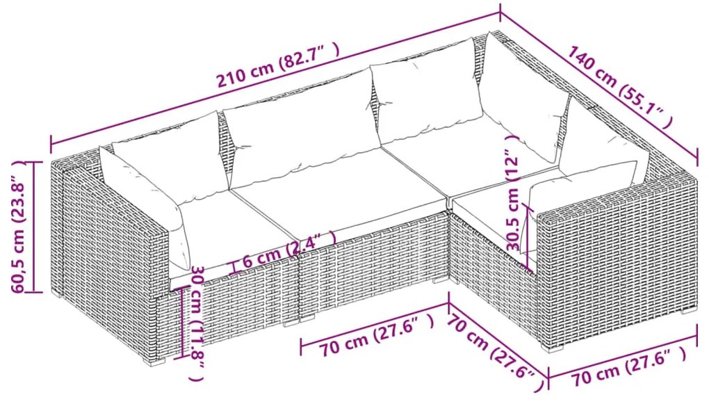 Set Divani da Giardino 4 pz con Cuscini in Polyrattan Nero