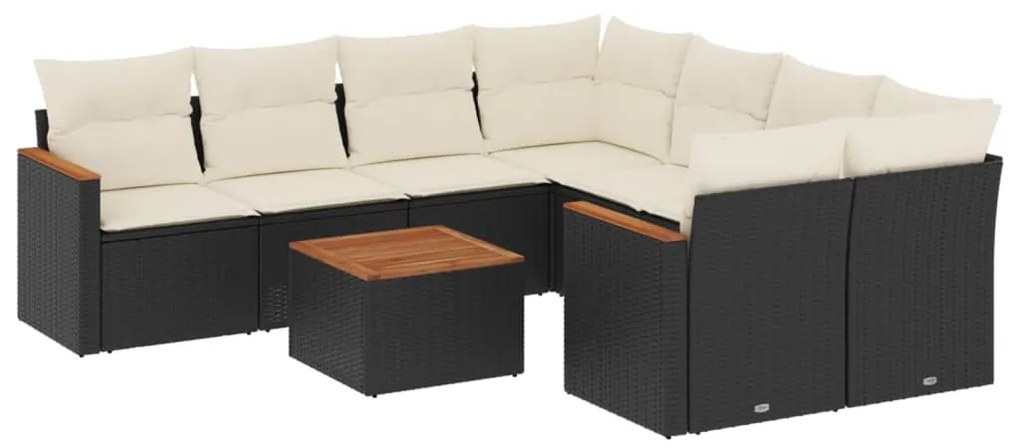 Set divani da giardino 9 pz con cuscini nero in polyrattan