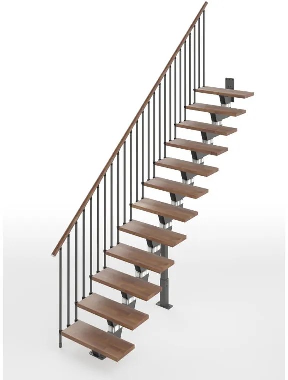 Scala a rampa dritta Vida IRIS, larghezza 60 cm, struttura in acciaio grigio antracite, gradini in legno faggio, colore noce