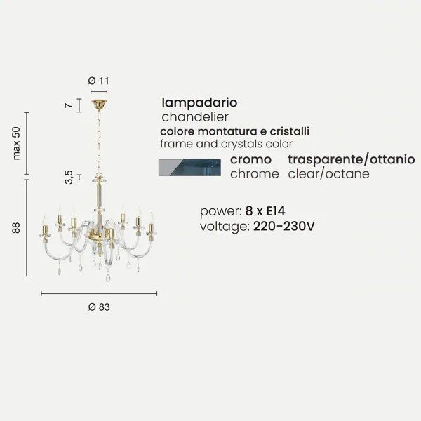 Lampada a sospensione DIDO D83 cm in vetro trasparente lavorato a mano 8 LUCI OTTANIO