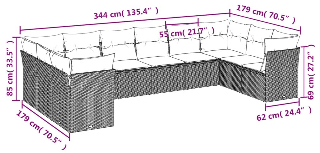 Set divani da giardino 10pz con cuscini in polyrattan nero