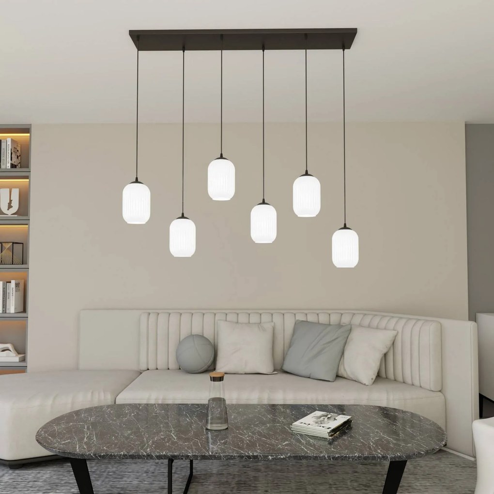EMIBIG LIGHTING Lampada a sospensione Verdi, lunghezza 115 cm, nero/opal, vetro, a 6 luci.