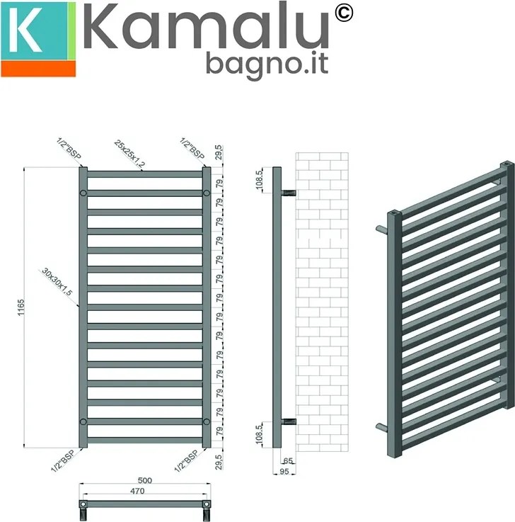 Termoarredo colore nero opaco 1000x500 mm modello Kam-378N - KAMALU