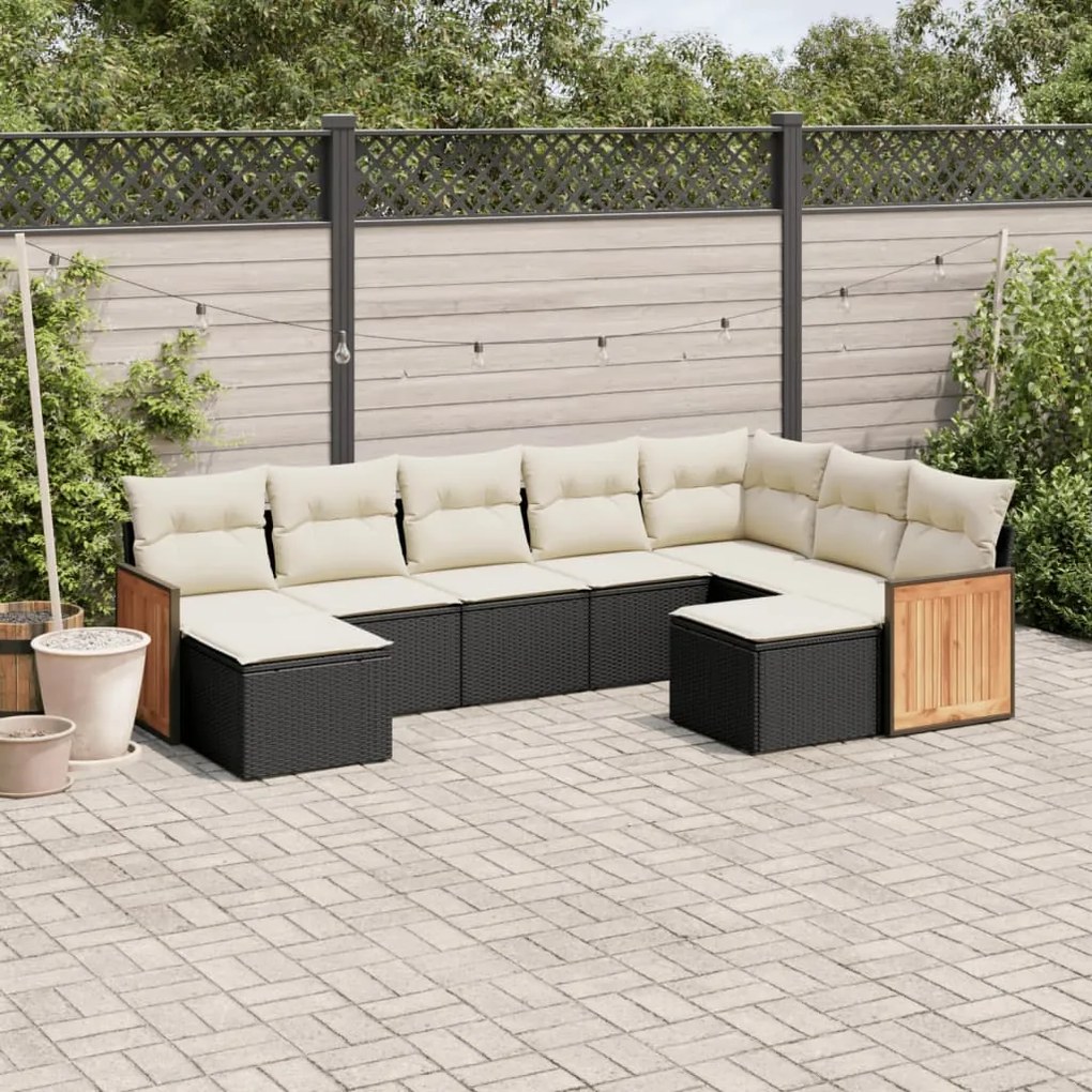 Set divani da giardino 9 pz con cuscini nero in polyrattan