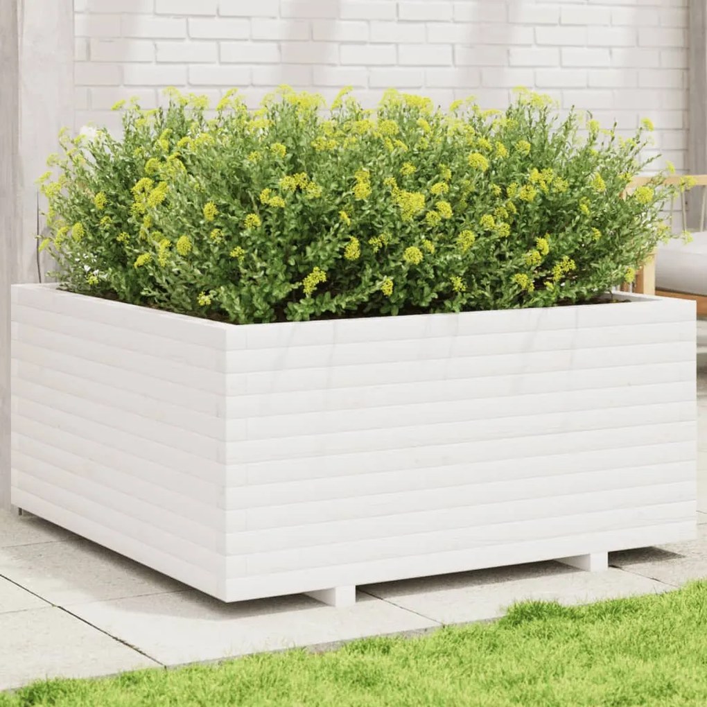 Fioriera Da Giardino Bianca 100x100x49,5 Legno Massello Di Pino /