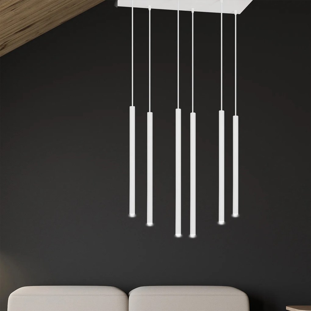 Lampadario 6 Luci Moderno Shu Acciaio Bianco E Paralumi A Cilindri Sottili