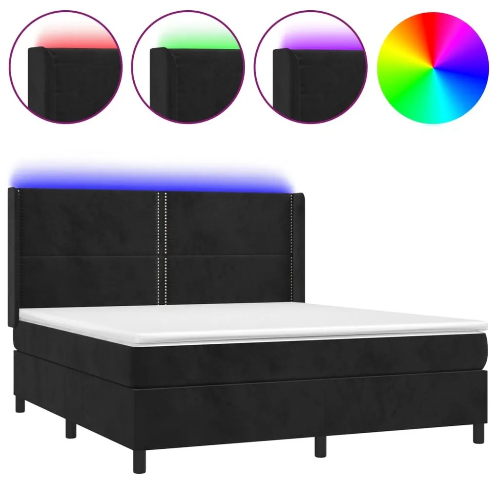 Letto a Molle con Materasso e LED Nero 180x200 cm in Velluto