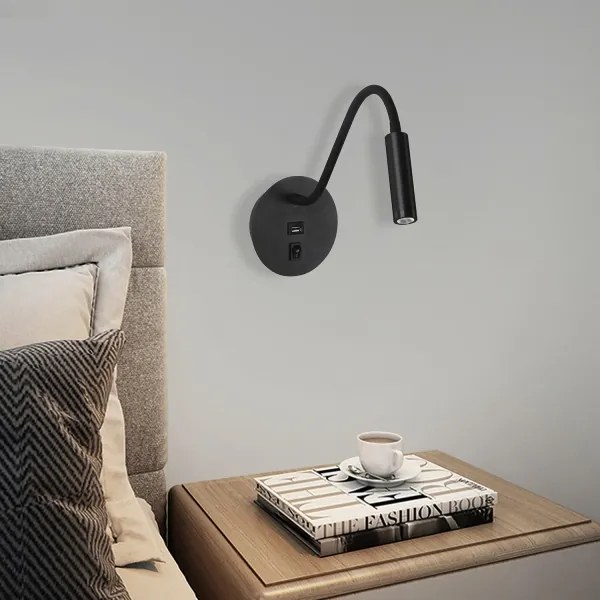 Brilagi - LED Lampada flessibile da muro con porta USB MAYA LED/3W/230V nero