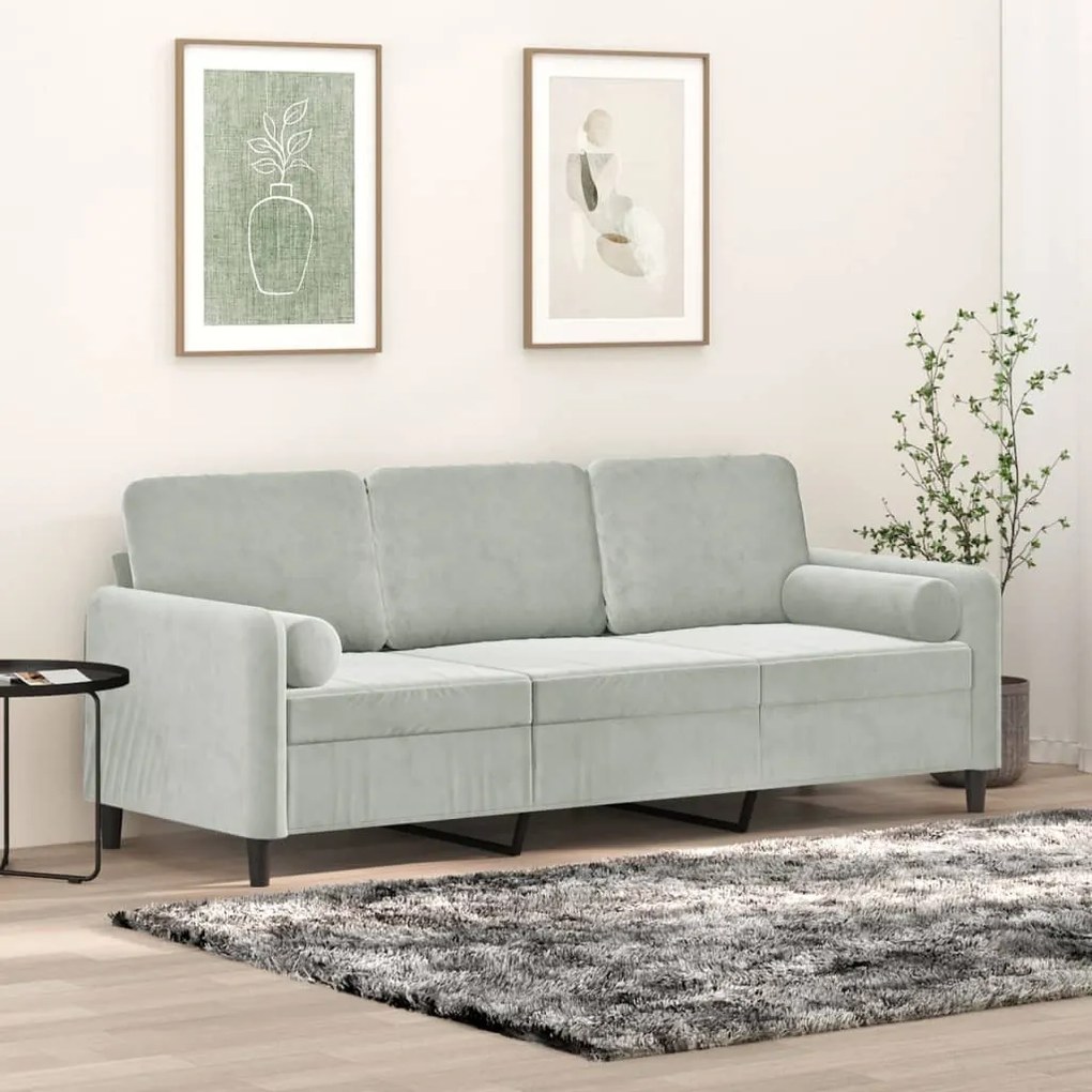 Divano a 3 posti con cuscini grigio chiaro 180 cm in velluto