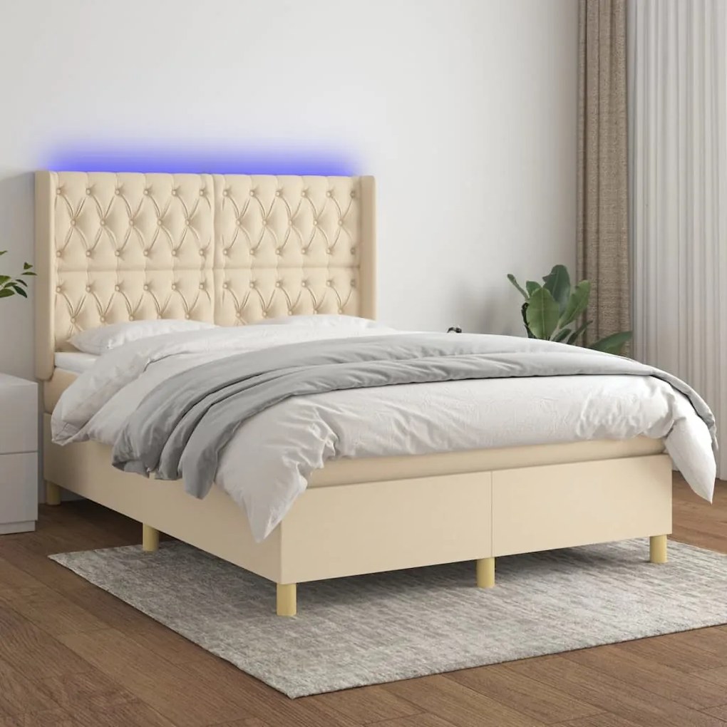 Letto a Molle con Materasso e LED Crema 140x190 cm in Tessuto