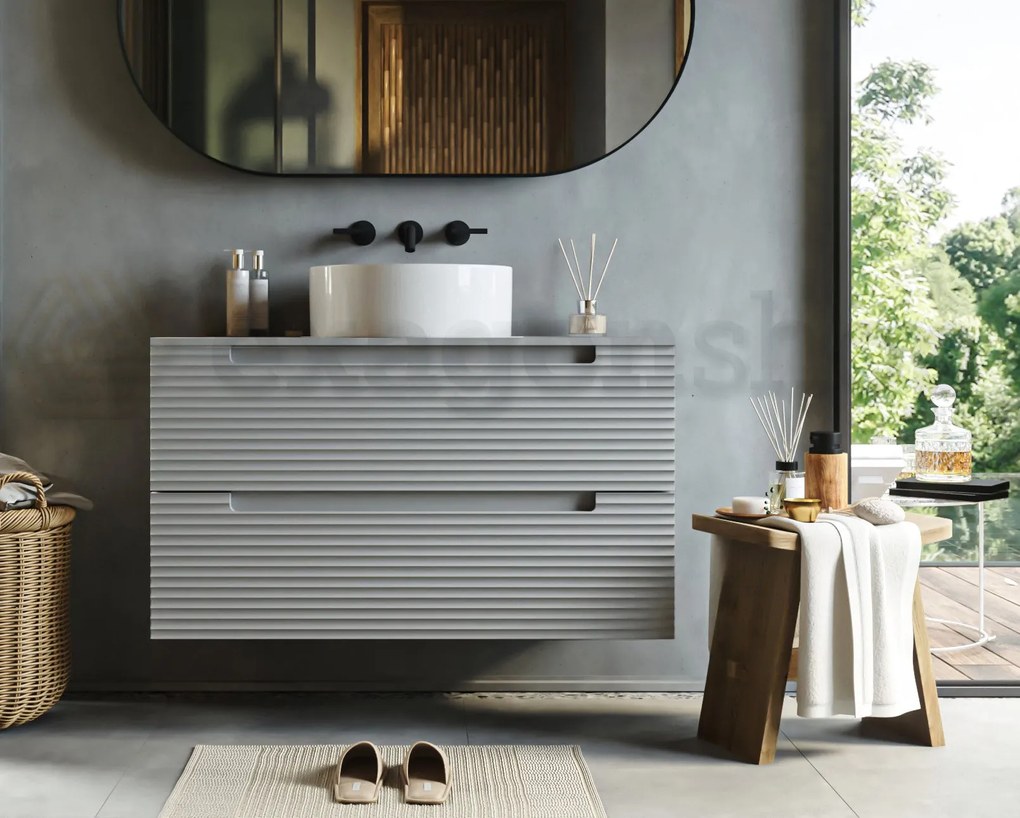 Mobile bagno clear grey 100x45 Mango due cassetti soft close con lavabo tondo da appoggio in ceramica lucida