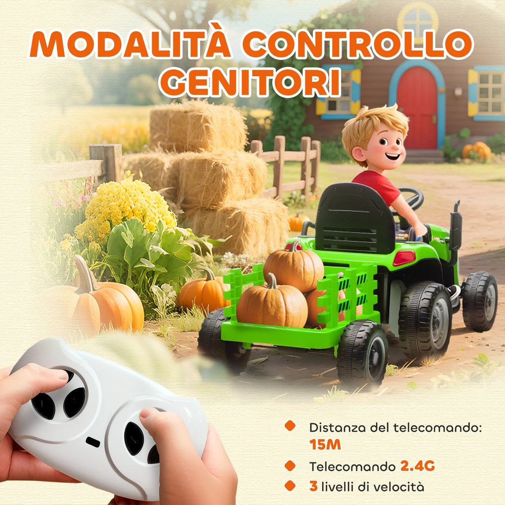 Trattore Elettrico per Bambini 12V con Rimorchio Staccabile 139x58x55 cm e Telecomando Verde...