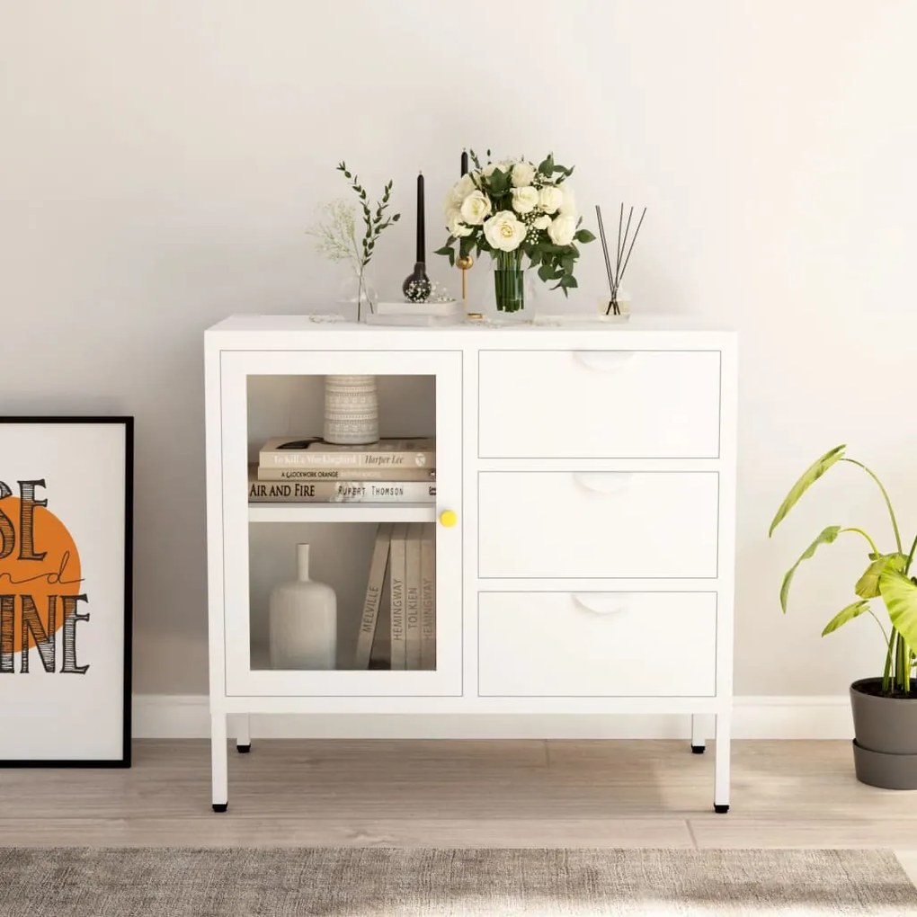 Credenza Bianca 75x35x70 Cm İn Acciaio E Vetro Temperato /