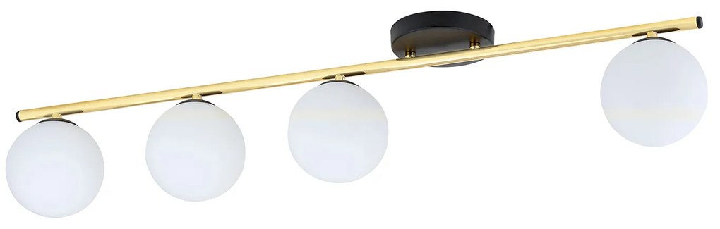 Plafoniera Contemporanea 4 Luci Achille In Acciaio Oro Nero E Sfere Vetro Bianco