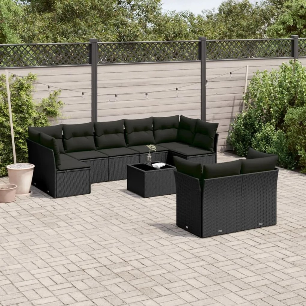 Set Divani da Giardino 10pz con Cuscini in Polyrattan Nero