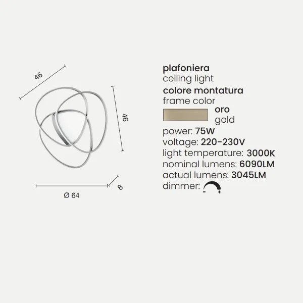Plafoniera Led ROSE dimmerabile in metallo verniciato Oro D64 cm