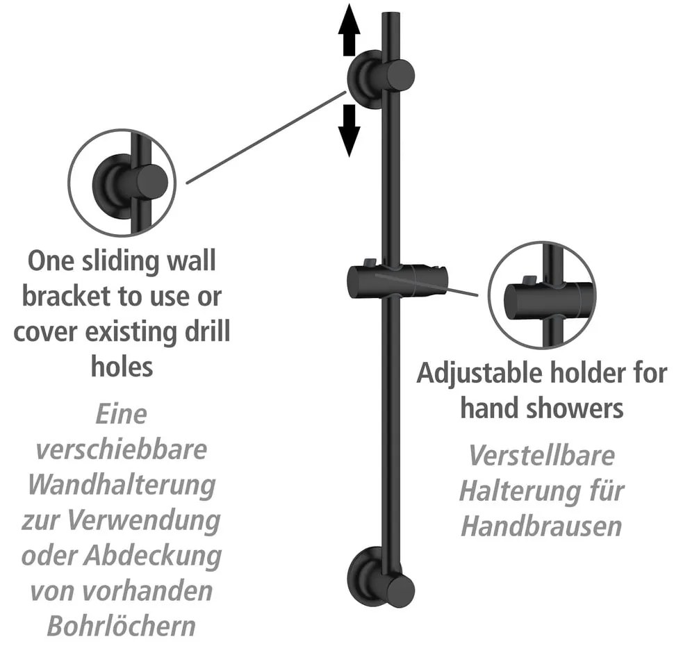 Asta per doccia senza foratura nera in acciaio inox con supporto scorrevole 70 cm – Wenko