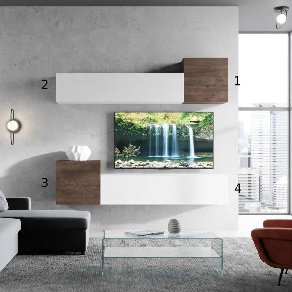 Parete per soggiorno Isoka A37 L.234 P.39,5 Bianco e Noce