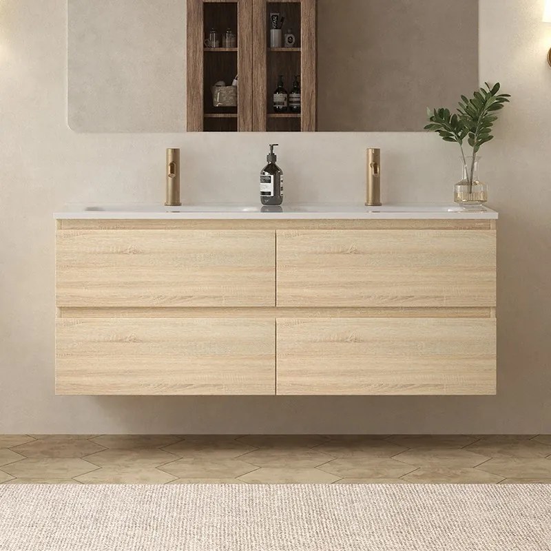 Mobile bagno 120 cm 4 cassetti doppio lavabo legno chiaro | KAM-HR120C - KAMALU