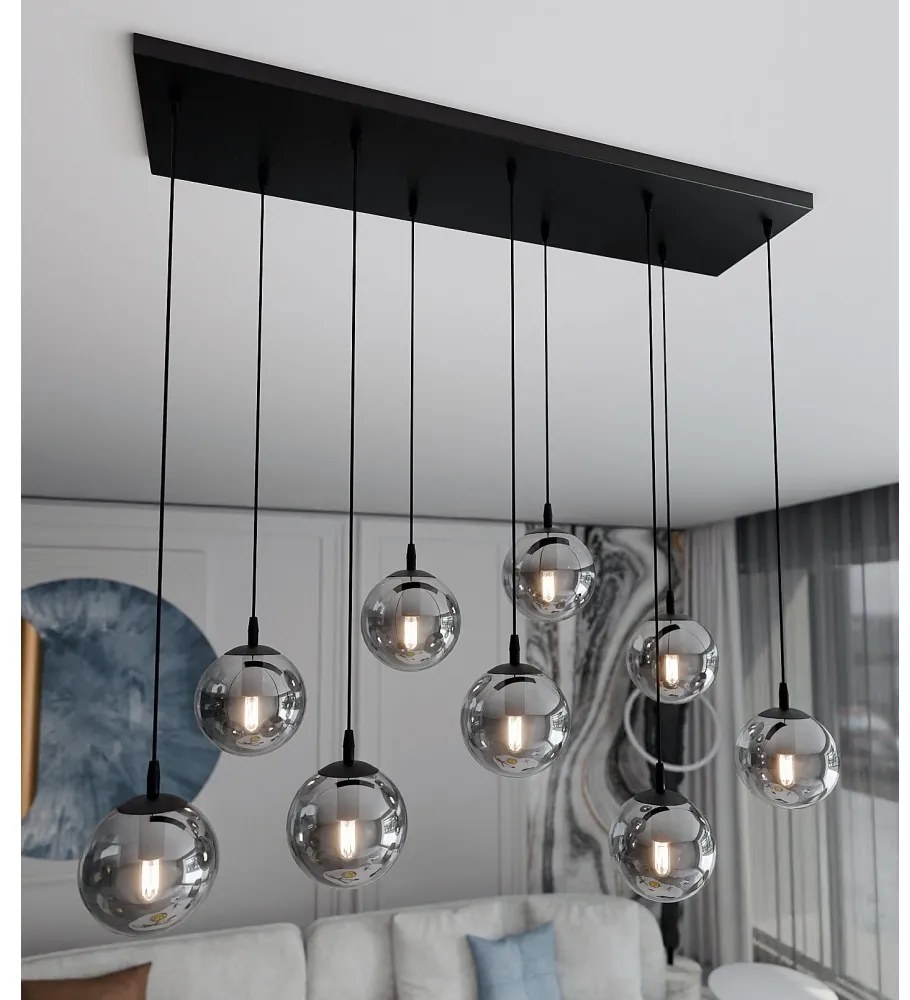 Lampadario a Sospensione in Acciaio e Vetro COSMO 9 Nero 9xE14 Colore delle Sfere Grafite