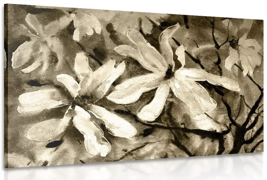Quadro su tela – Albero acquerellato in fiore in versione seppia