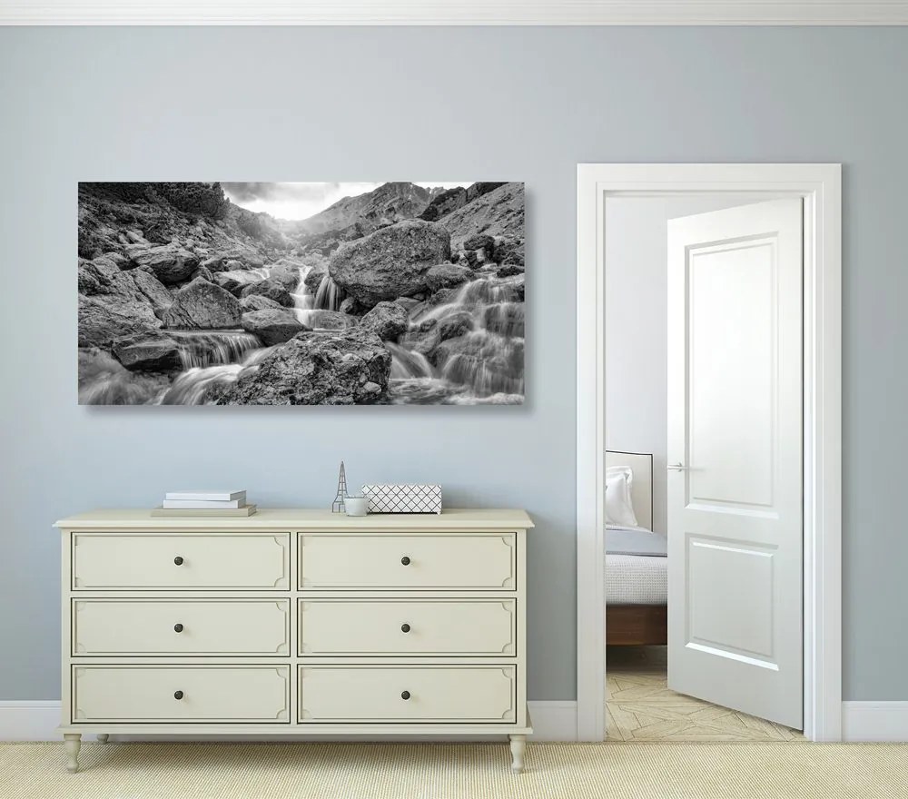 Stampa su tela – Cascate alpine in bianco e nero
