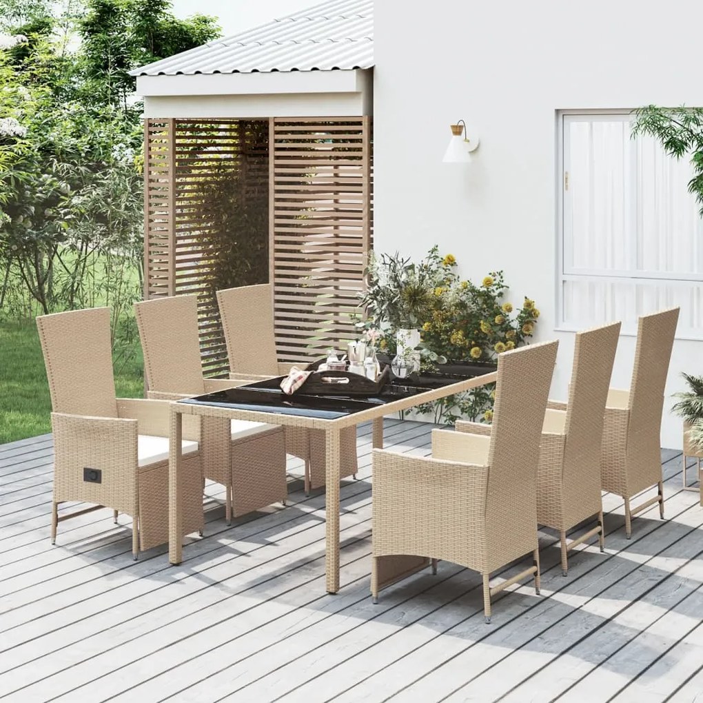 Set da pranzo da giardino 7 pz con cuscini beige in polyrattan