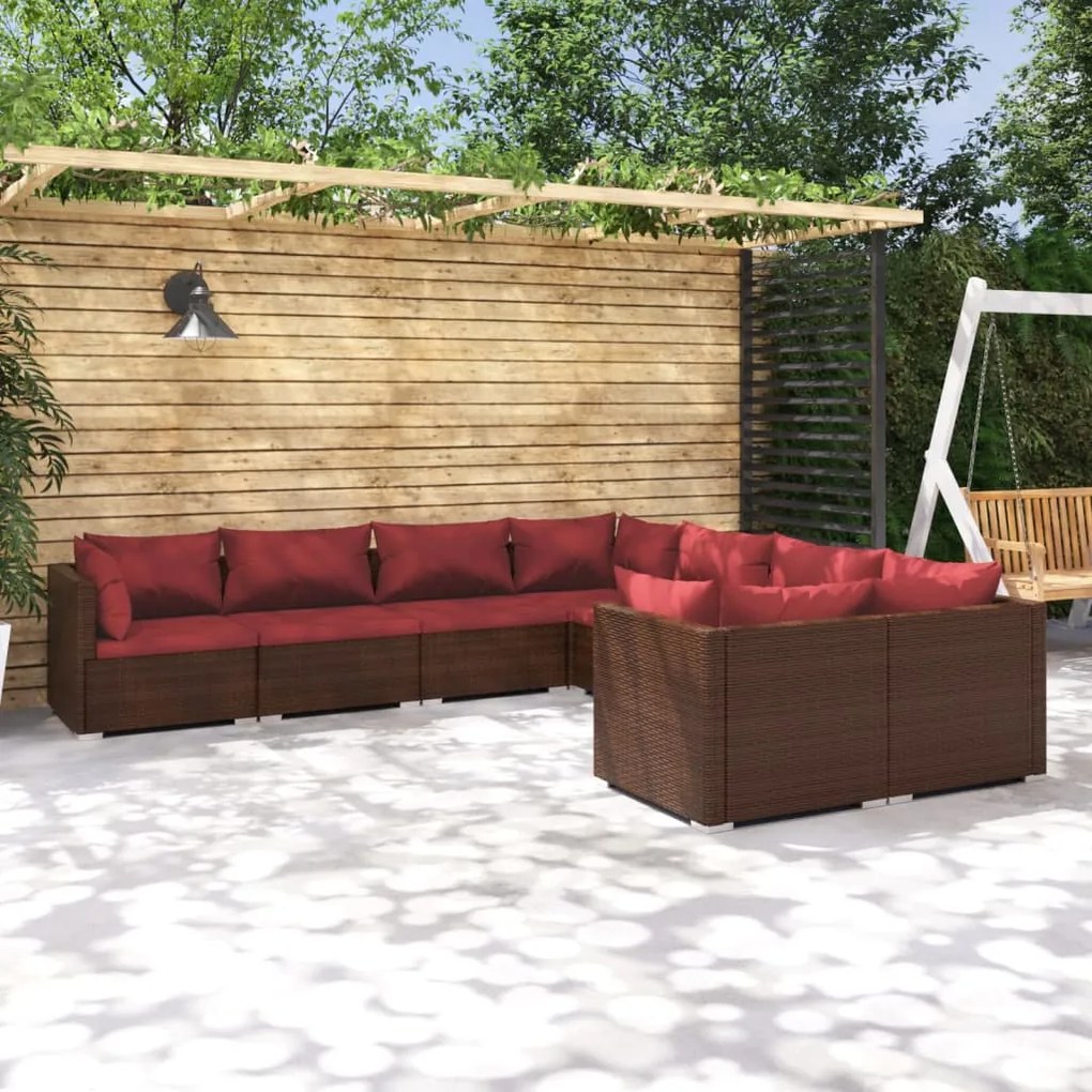 Set Divani da Giardino 8 pz con Cuscini in Polyrattan Marrone