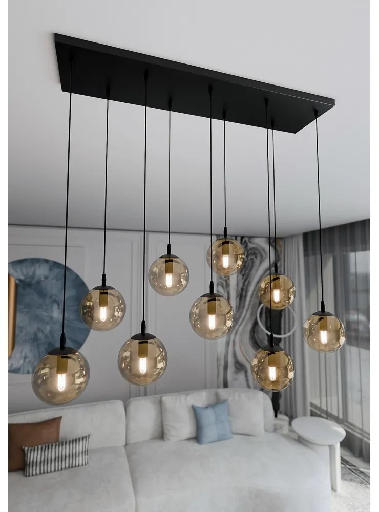 Lampadario a Sospensione in Acciaio e Vetro COSMO 9 Nero 9xE14 Colore delle Sfere Ambrate