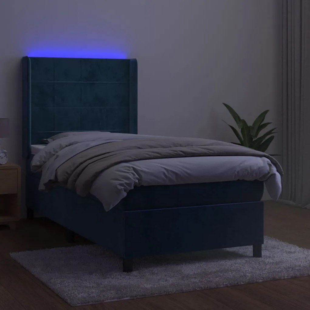 Letto a molle con materasso e led blu scuro 90x200cm in velluto