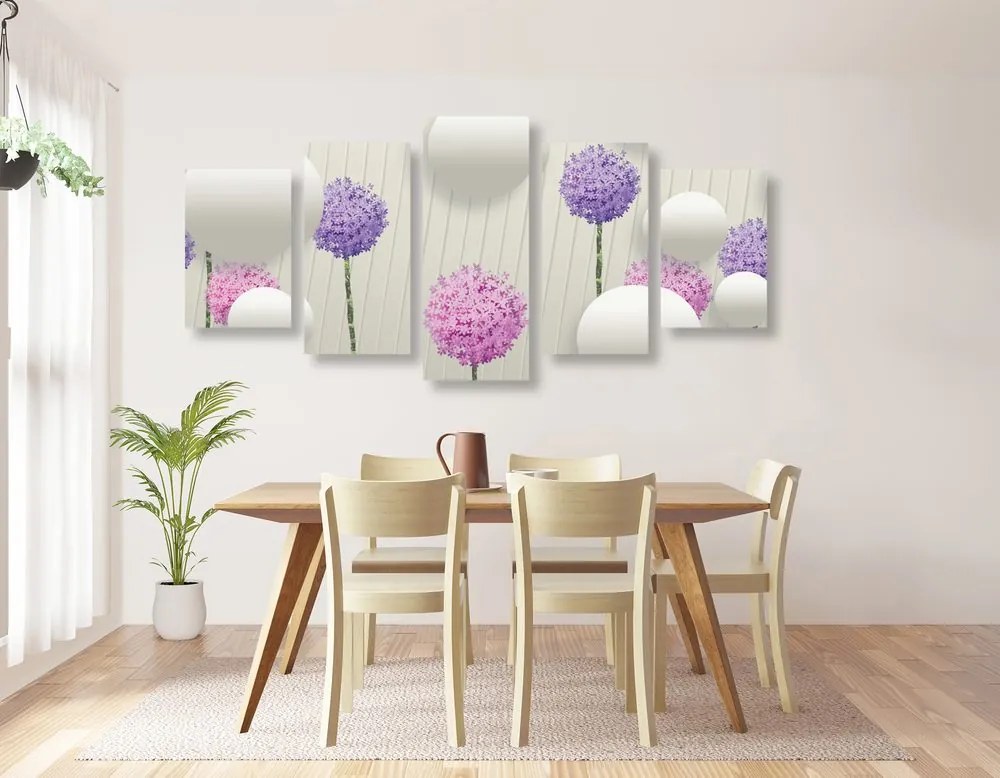 Quadri 5 pezzi – Fiori interessanti con elementi e motivi astratti