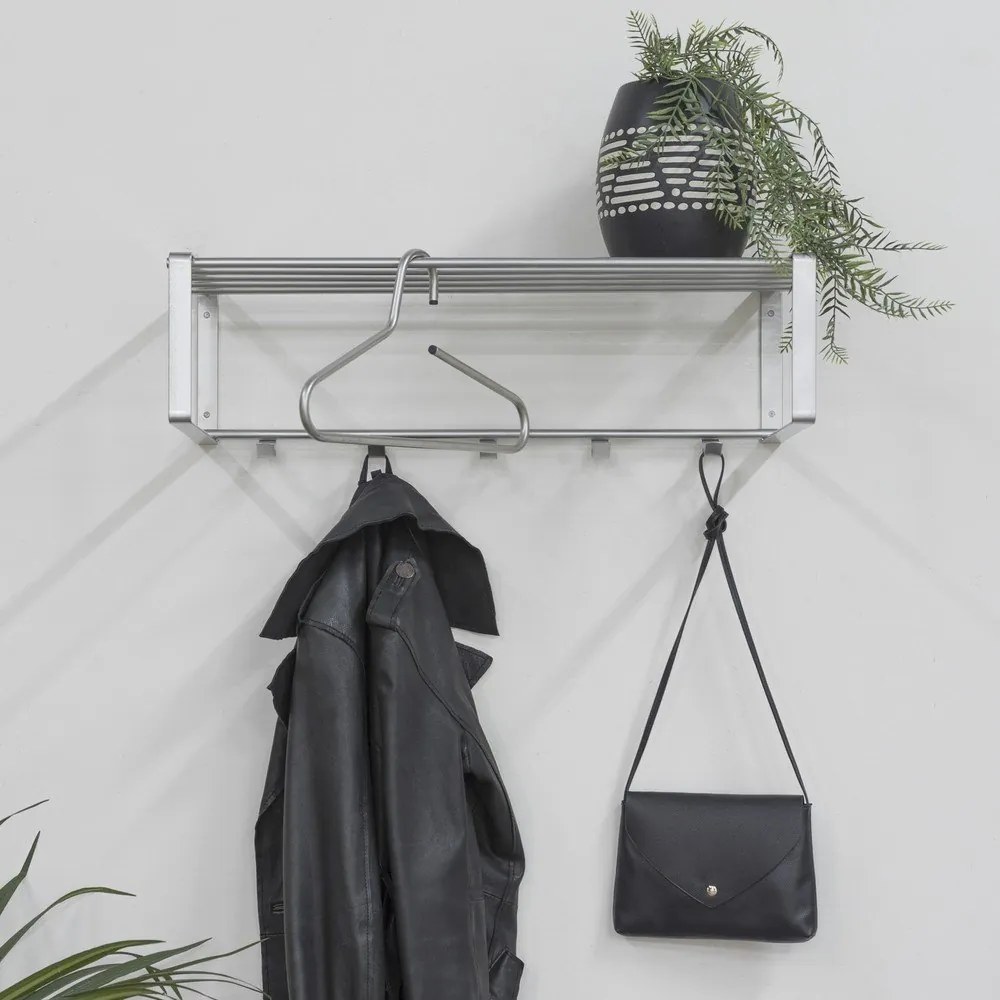 Attaccapanni da parete argentato in metallo con scaffale 70 cm Rex – Spinder Design
