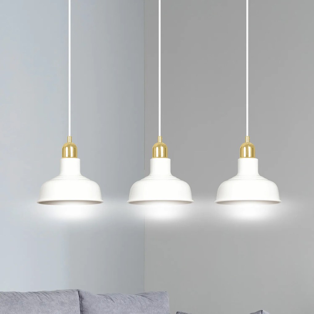 Lampadario Industrial 3 Luci Kubera In Acciaio Bianco Con Elementi In Oro
