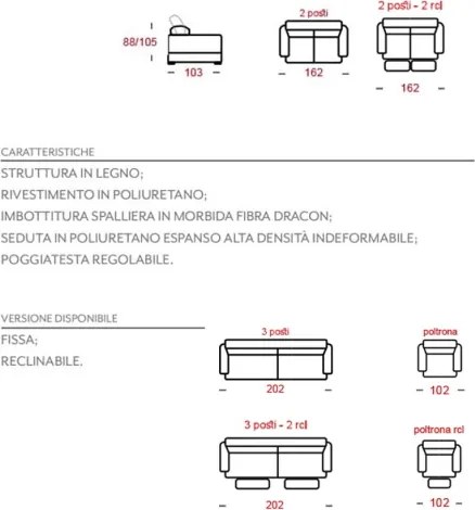 Divano in Vera Pelle L160 cm reclinabile poggiatesta - Valta Azzurro
