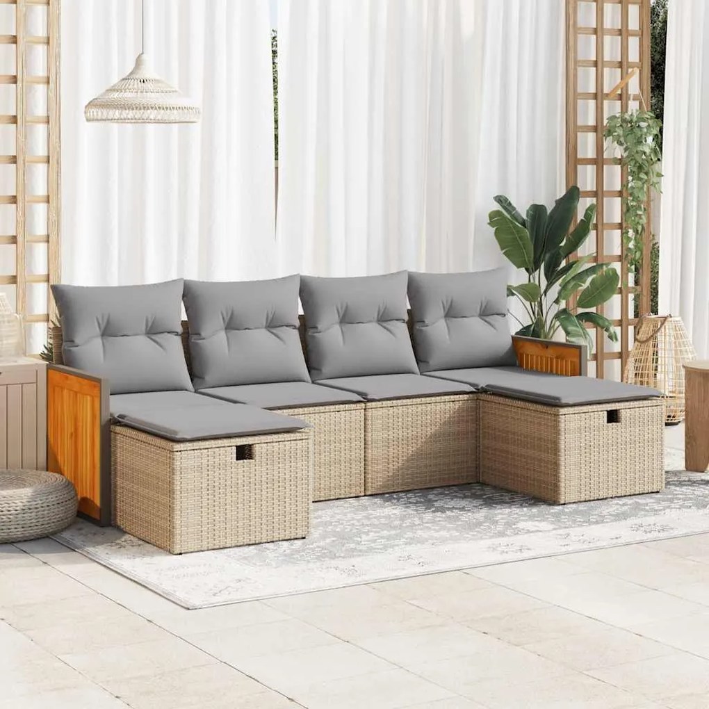 Set divano da giardino 6 pz con cuscini beige in polyrattan