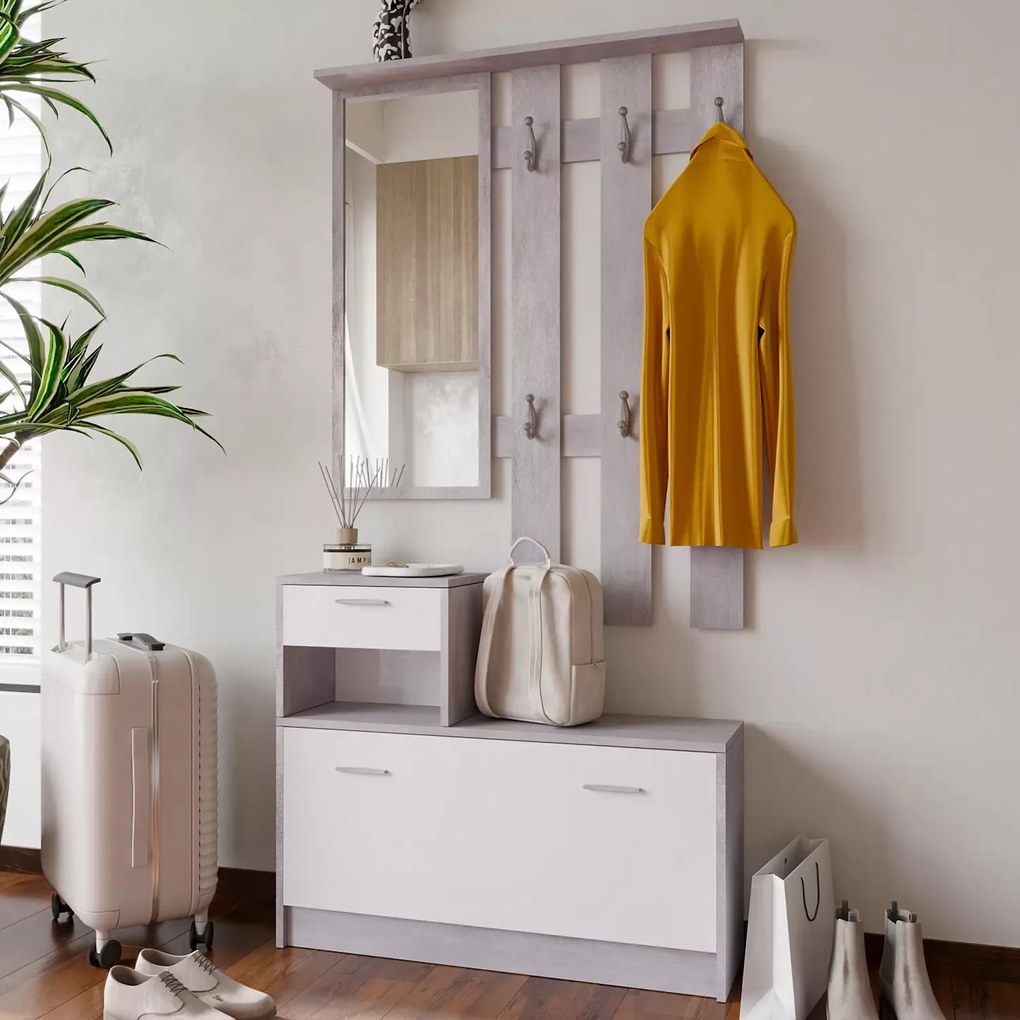 Mobile Nada Mobiletto da Ingresso con Scarpiera Appendiabiti e Specchio Arredo Arredamento Corridoio Entratina 97 x 35 x 25 cm (Bianco e Grigio Cemento)
