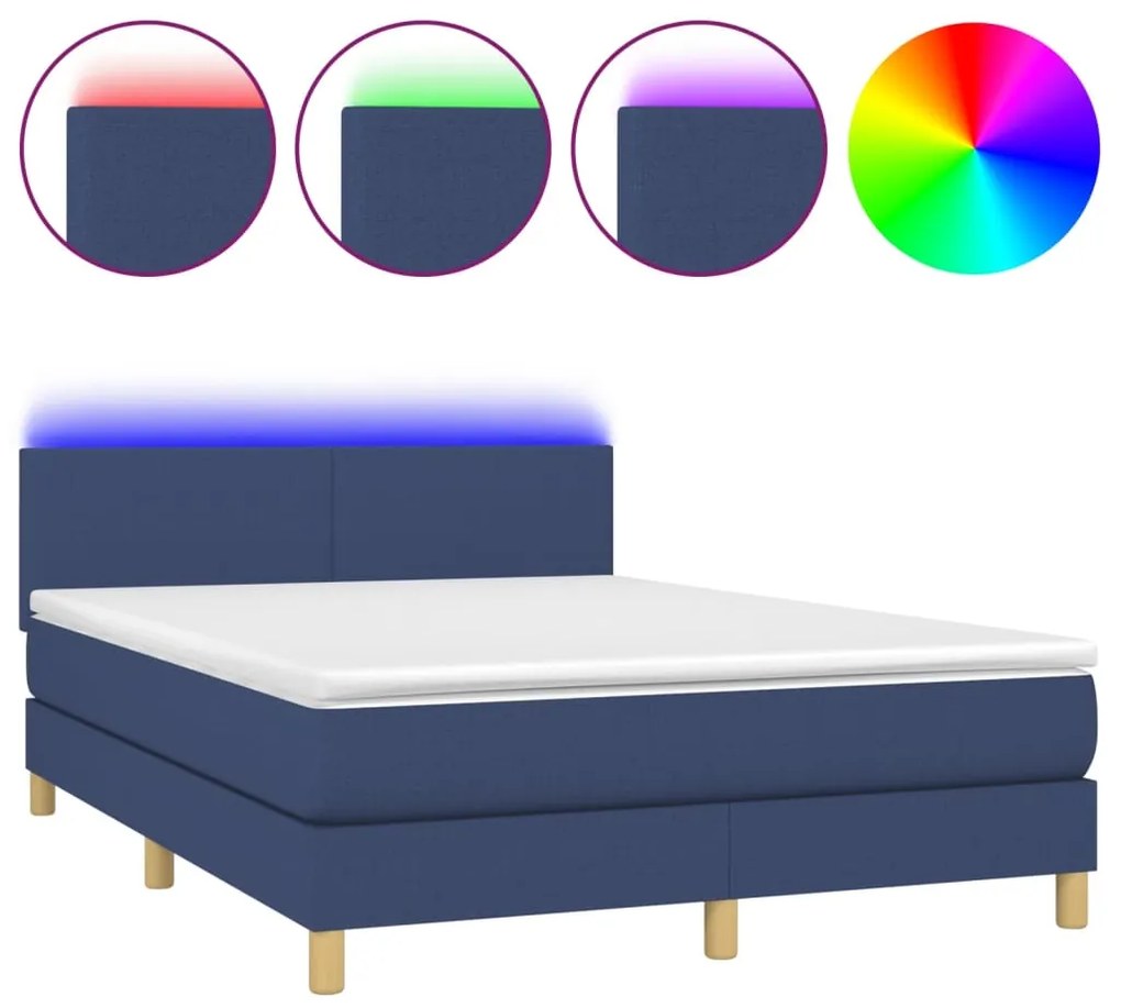 Letto a molle con materasso e led blu 140x200 cm in tessuto