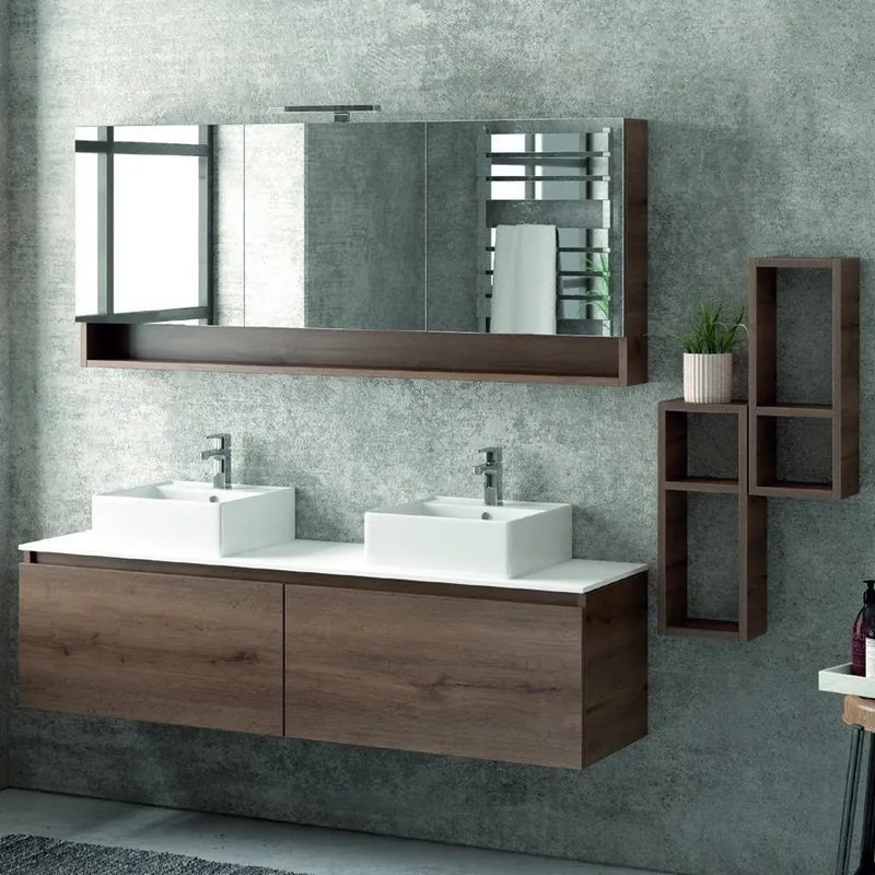 Composizione bagno sospesa 155cm , composta da mobile, specchio contenitore e due pensili SP-155C - KAMALU