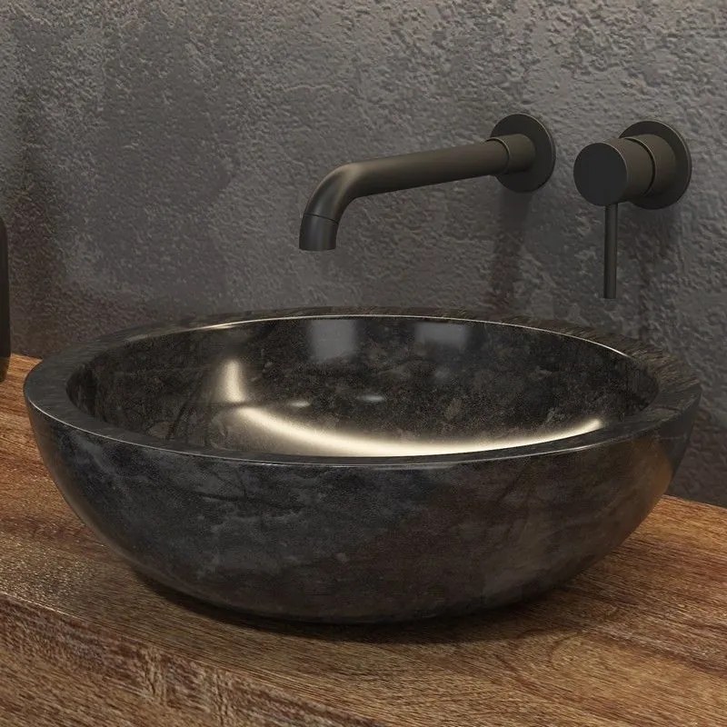 Kamalu - lavabo bagno design da appoggio in marmo nero 40cm | litos-en40